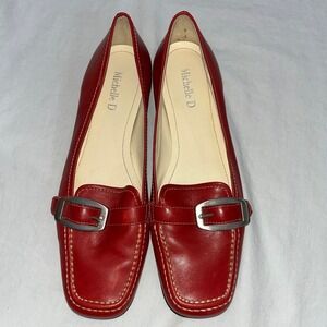 Michelle D Womens Red Leather Buckle Loafers Square Toe Flats Quiet Luxury